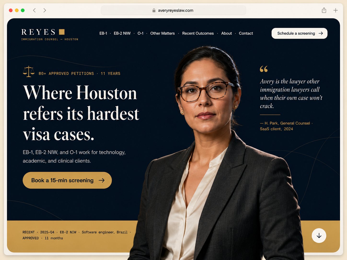Avery Reyes Law Group homepage, boutique law firm layout with confident specialist portrait against deep navy, gold accent band, pulled testimonial.
