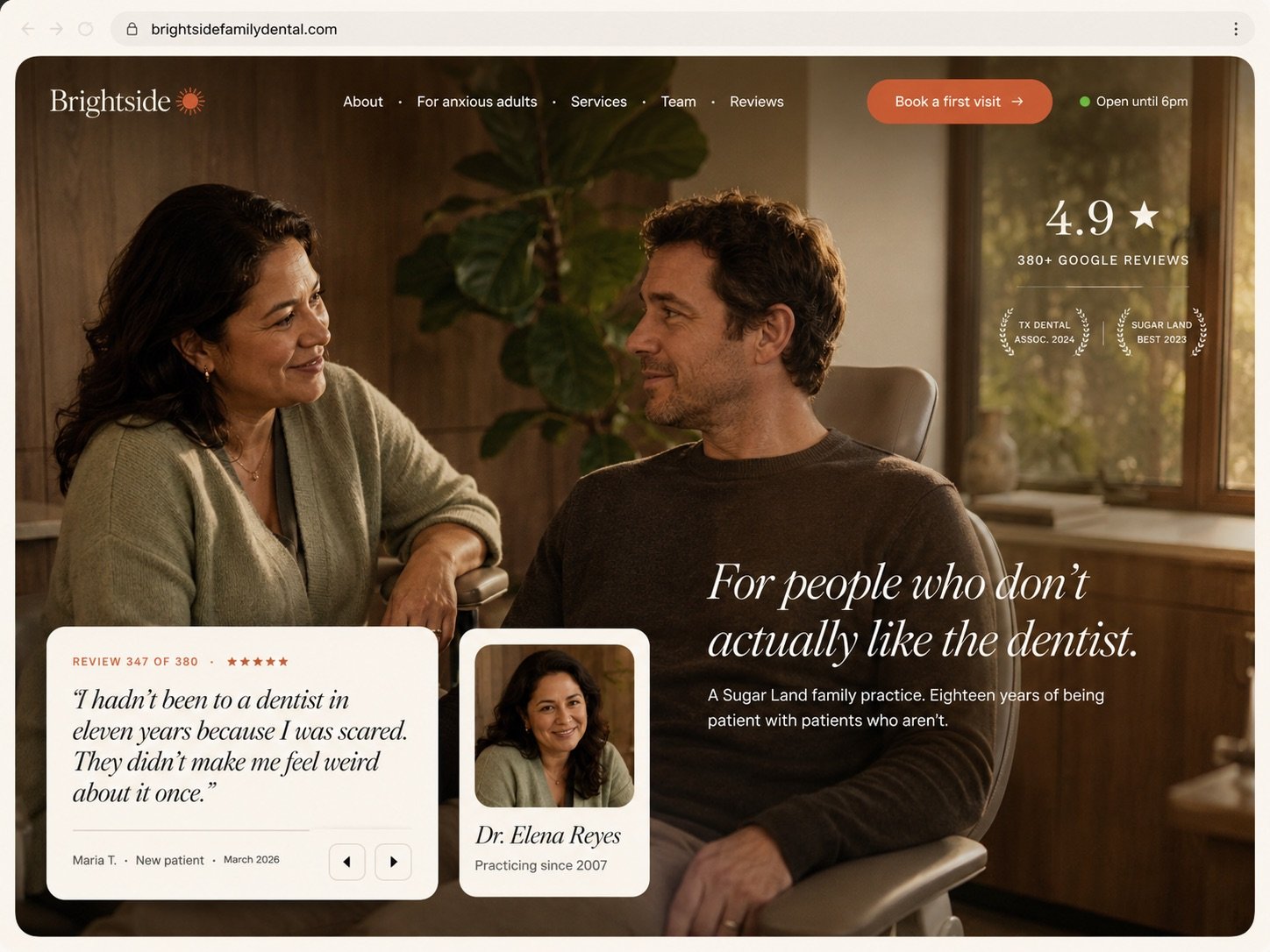 Brightside Family Dental homepage, review-led editorial layout, documentary photograph of a dentist in conversation with a patient.