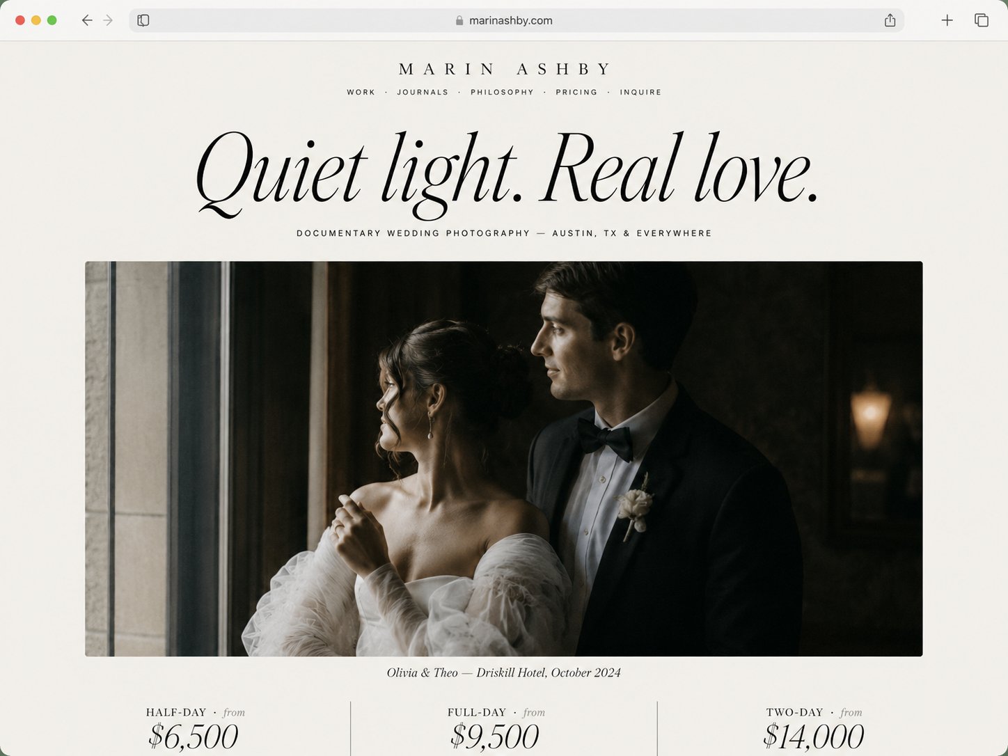Marin Ashby Studio homepage, magazine masthead with serif logotype, table-of-contents structure, single full-bleed wedding photograph.